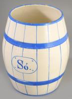 cca 1900 Szatócsbolti hordó alakú fajansz sókínáló, jelzés nélkül, felületi sérüléssel, mázátrepedéssel, m: 24 cm