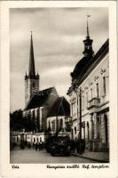 Dés, Dej; Református templom, Hungária szálloda, automobil / Calvinist church, hotel, automobile (Rb)