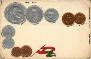 Osztrák-magyar pénzérmék, ezüst és arany díszített dombornyomott / Österreich-Ungarn. Heller, Kronen / Austria-Hungary. Austro-Hungarian set of coins with flag. H.S.M. Serie I. Nr. 2a. golden and silver Emb. litho (EB)
