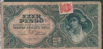 1945.1000P lemezhibás bélyeggel(2x) T:II+,III + 1000P hibásan felragasztott bélyeggel (2x) T:II/III