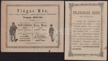ca 1880-1890 3 db fejléces számla: Goldberger Dávid, Pláger Mór ruha kereskedők nagykőrös 2 db reklá...
