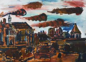 Perlrott Csaba jelzéssel: Városrészlet. Vegyes technika, papír. Üvegezett, kissé sérült fakeretben. 28×38 cm