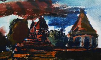 Perlrott Csaba jelzéssel: Városrészlet. Vegyes technika, papír. Üvegezett, kissé sérült fakeretben. ...