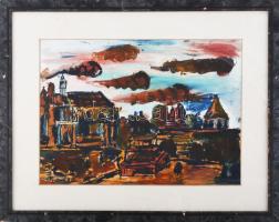 Perlrott Csaba jelzéssel: Városrészlet. Vegyes technika, papír. Üvegezett, kissé sérült fakeretben. ...