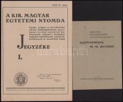 1946 A fasiszta, szovjetellenes, antidemokratikus sajtótermékek III. sz. jegyzéke. Bp., 1946, Magyar Miniszterelnökség Sajtóosztálya (Szikra-ny.), 29+(3) p. Kiadói tűzött papírkötés. + 1934. Kir. M. Egyetem nyomda I. jegyzéke. 14p.