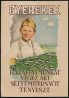 ca 1940 Gyerekek Hazafias munkát végez, aki selyemhernyót tenyészt 17x24 cm Kisplakát, hajtva