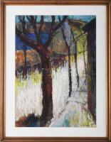 M de Corini jelzéssel: Utcarészlet. Olaj, papír. Dekoratív, üvegezett fakeretben. 46×33,5 cm