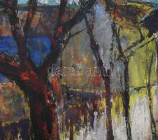 M de Corini jelzéssel: Utcarészlet. Olaj, papír. Dekoratív, üvegezett fakeretben. 46×33,5 cm