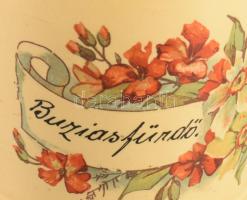 Sarreguemines antik emlékkorsó Buziasfürdő felirattal, fedeles, m: 9,5 cm