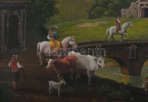 Jelzés nélkül, XIX. sz. festő: Jelenet. Olaj, fatábla. Dekoratív fakeretben. 33×39 cm