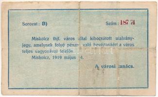 1919. Miskolc 1919.05.14. 10K "B) 187 74" "Miskolcz város" utalvány-jegye T:VG l...