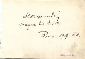 1927 Hóry András bukaresti majd római kir. követ saját kézzel írt aláírása füzetlapon / Autograph signature of András Hóry, Hungarian ambassador in Bucharest, later in Rome, on paper 18x13 cm