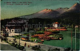 Tátra, Magas-Tátra, Vysoké Tatry; Csorba-tó, villamos megállóhely / Strbské pleso / tram station by the lake (ázott sarok / wet corner)
