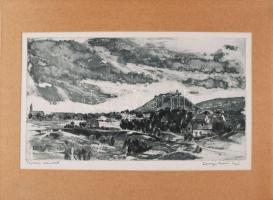 Csurgói Máté Lajos (1931-2001): Tájkép várral. Rézkarc, papír, jelzett, paszpartuban, 22×40 cm