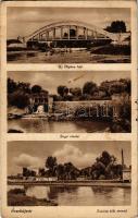 1943 Érsekújvár, Nové Zámky; Új Nyitra híd, Zúgó részlet, Tatárik féle strand / bridge, dam, beach (fl)