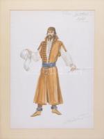 Olvashatatlan jelzéssel (Mialkovszky Erzsébet?): Jelmezterv az Egri Csillagok c. játékfilmhez, Dobó István szerepe. Nyomat, papír, paszpartuban, 58×41 cm