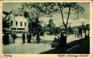1940 Párkány, Parkan, Stúrovo; Hontmegyei Bank, autóbusz, esztergomi bazilika a távolban / Hont County bank, autobus, basilica (Esztergom) in the distance (EK)
