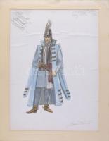 Olvashatatlan jelzéssel (Mialkovszky Erzsébet?): Jelmezterv az Egri Csillagok c. játékfilmhez, Cecey Péter szerepe. Nyomat, papír, kissé gyűrött, paszpartuban, 58×41 cm