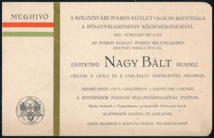 1941 Kolozsvár, Iparos Egylet Nagy Bál meghívó, műsoron: elsőrendű cigány és jazz zene