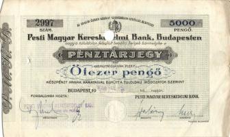 1944. A Pesti Magyar Kereskedelmi Bank pénztárjegye 5000P-ről, lyukasztott T:II