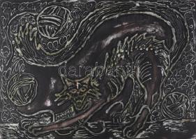 Sasvári Dániel jelzéssel (a hátoldalán): Gombolyaggal játszó macska. Vegyes technika, farost, 50×70 cm