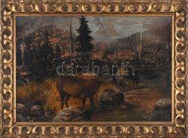 Füzesséry Irén (1900 körül): Szarvasbőgés. Olaj, karton, kopott. Dekoratív, szecessziós fakeretben. 34×49,5 cm