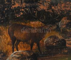 Füzesséry Irén (1900 körül): Szarvasbőgés. Olaj, karton, kopott. Dekoratív, szecessziós fakeretben. ...