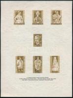 ~1953 Népviseletek 2 klf sor 3-3 értéke + Petőfi 60f az eredeti nyomóeszközökkel készült nyomdai mintán, a kiadottól eltérő színekben, a Pénzjegynyomda gumi és vízjel nélküli papírján