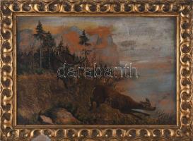 Füzesséry Irén (1900 körül): Szarvaspár. Olaj, karton, kopott. Dekoratív, szecessziós, sérült fakeretben. 34×49,5 cm