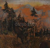 Füzesséry Irén (1900 körül): Szarvaspár. Olaj, karton, kopott. Dekoratív, szecessziós, sérült fakere...