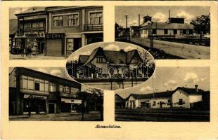 1940 Aknaszlatina, Akna Slatina, Slatinské Doly, Szolotvino, Solotvyno; vasútállomás, Lajos akna, Stern, Lenner, Cikta és Pogány üzlete. Knoll Samu kiadása / railway station, mine, shops (vágott / cut)