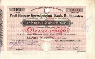 1944. A Pesti Magyar Kereskedelmi Bank pénztárjegye 500P-ről, lyukasztott T:II