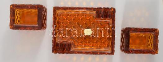 Bohemia borostyánszínű üveg 3 részes dohányzó szett, 12x9 cm alatt