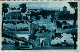 1938 Párkány, Parkan, Stúrovo; mozaiklap híddal, bazilikával / multi-view postcard with bridge and Basilica (gyűrődések / creases)