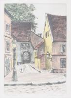 L. Marie jelzéssel, XX. sz. első fele: Utcarészlet. Színezett rézkarc, papír. Dekoratív, üvegezett, sérült fakeretben. 19,5×14 cm