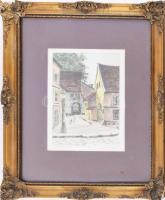 L. Marie jelzéssel, XX. sz. első fele: Utcarészlet. Színezett rézkarc, papír. Dekoratív, üvegezett, ...