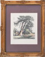 L. Marie jelzéssel, XX. sz. első fele: Társaság a szabadban. Színezett rézkarc, papír. Dekoratív, üv...