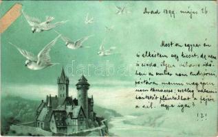 1899 Vár és madarak művészlap, Aradról feladva / castle and birds art postcard, sent from Arad (ragasztónyom / glue mark)