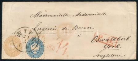 Ausztria 1865 Levél 10kr + 15kr bélyegekkel "WIEN" - "YORK"