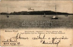 1902 Balatonfüred, vitorlahajók a Balatonon a Tihanyi félsziget előtt. Kampmann H. kiadása (EM)