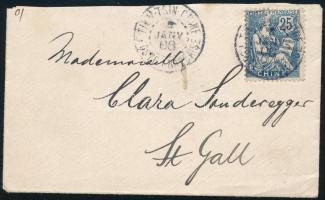 Francia posta Kínában 1908 Kis alakú levél névjegykártyával Svájcba "TIENTSIN"