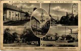 Tiszaföldvár, M. kir. csendőrség, Pénzügyőrség, Községháza, Lukács Béla utca az evangélikus templommal, Fő tér, gőzfürdő, Virág utca részlete, nagymalom. György József kiadása (fa)