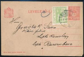 1919 10f díjjegyes levelezőlap csehszlovák díjkiegészítéssel "EPERJES"