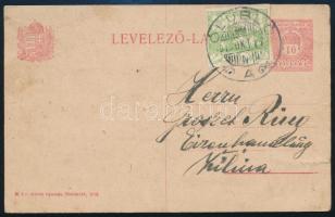 1919 10f díjjegyes levelezőlap csehszlovák díjkiegészítéssel "ÓLUBLÓ"