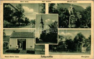 1942 Fülöpszállás, Elemi iskola, Református templom, Hősök szobra, Községháza, Vörös Sándor üzlete (EK)