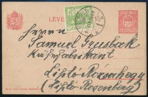 1919 10f díjjegyes levelezőlap csehszlovák díjkiegészítéssel "POZSONY"