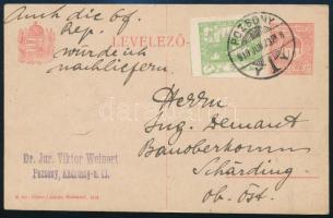 1919 10f díjjegyes levelezőlap csehszlovák díjkiegészítéssel "POZSONY"