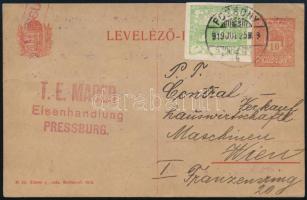 1919 10f díjjegyes levelezőlap csehszlovák díjkiegészítéssel "POZSONY"