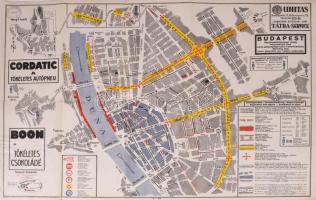 cca 1930 Budapest gépjármű-közlekedési térkép, 1:7500, jelmagyarázattal, reklámokkal, kis lapszéli s...