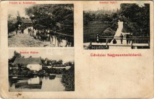 Nagyszentmiklós, Sannicolau Mare; Fürdés az Arankában, Arankai átjáró és malom. Kuharik fényképész felvétele / bathing in the Aranca river, bridge, mill (EB)